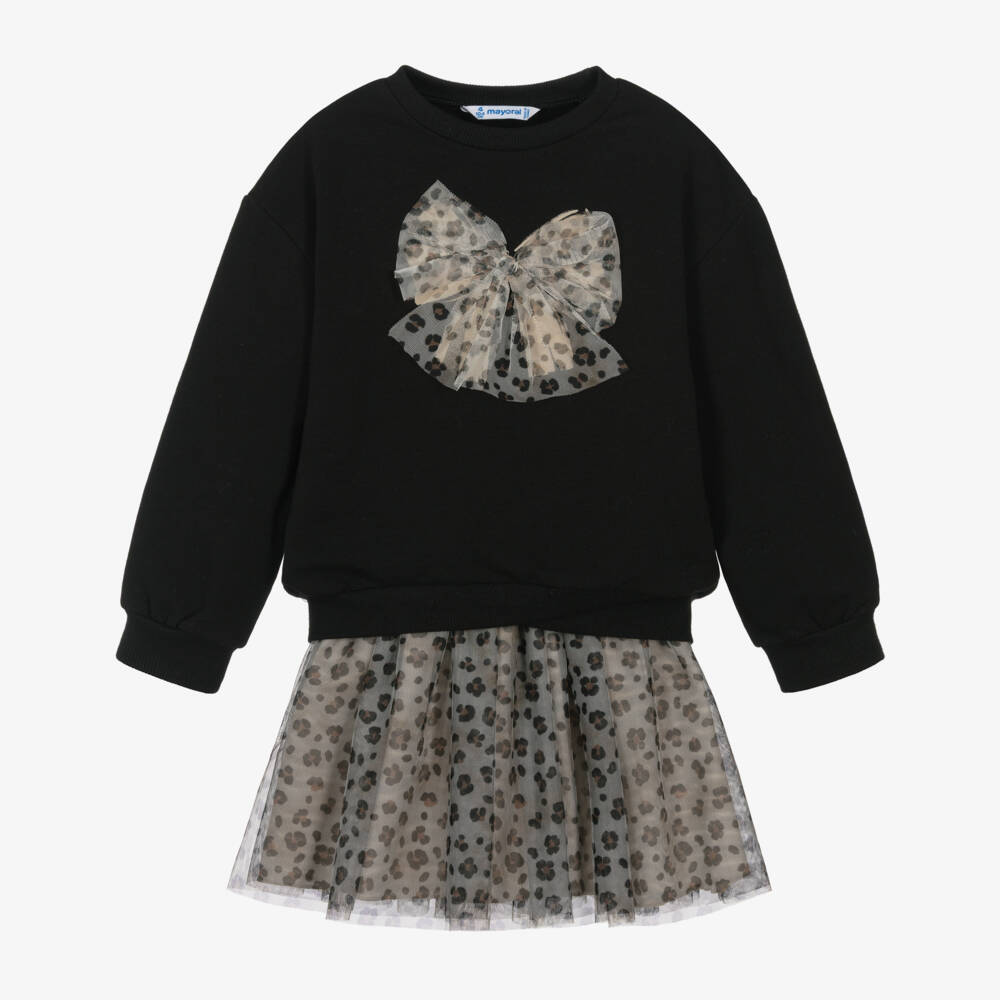 Mayoral-Girls Black & Beige Leopard Print Tulle Skirt Set | Childrensalon Outlet