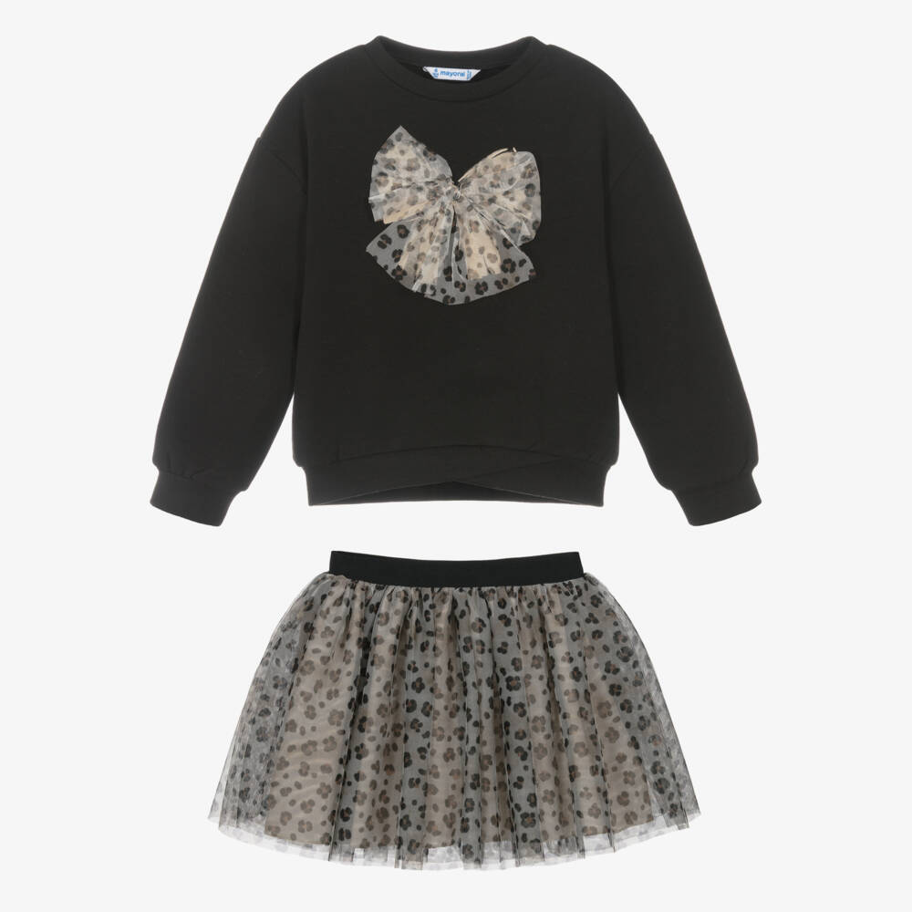 Mayoral-Girls Black & Beige Leopard Print Tulle Skirt Set | Childrensalon Outlet