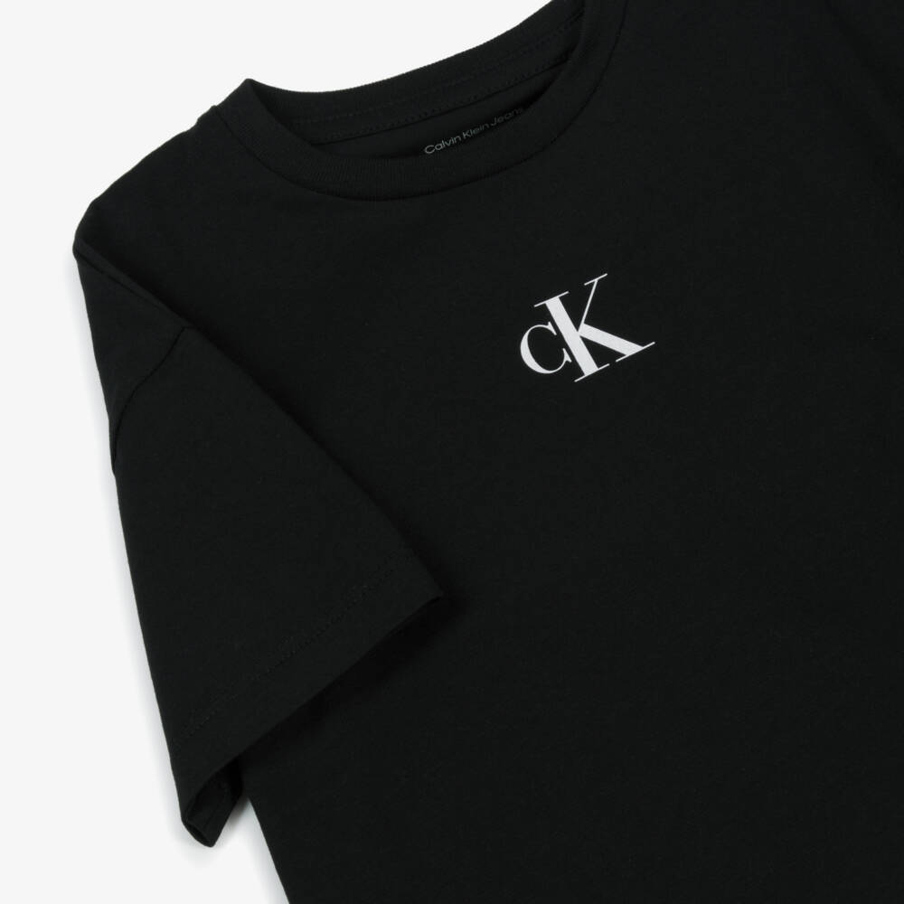 Calvin Klein-Girls Black Cotton Boxy T-Shirt with Monogram Logo | Childrensalon Outlet