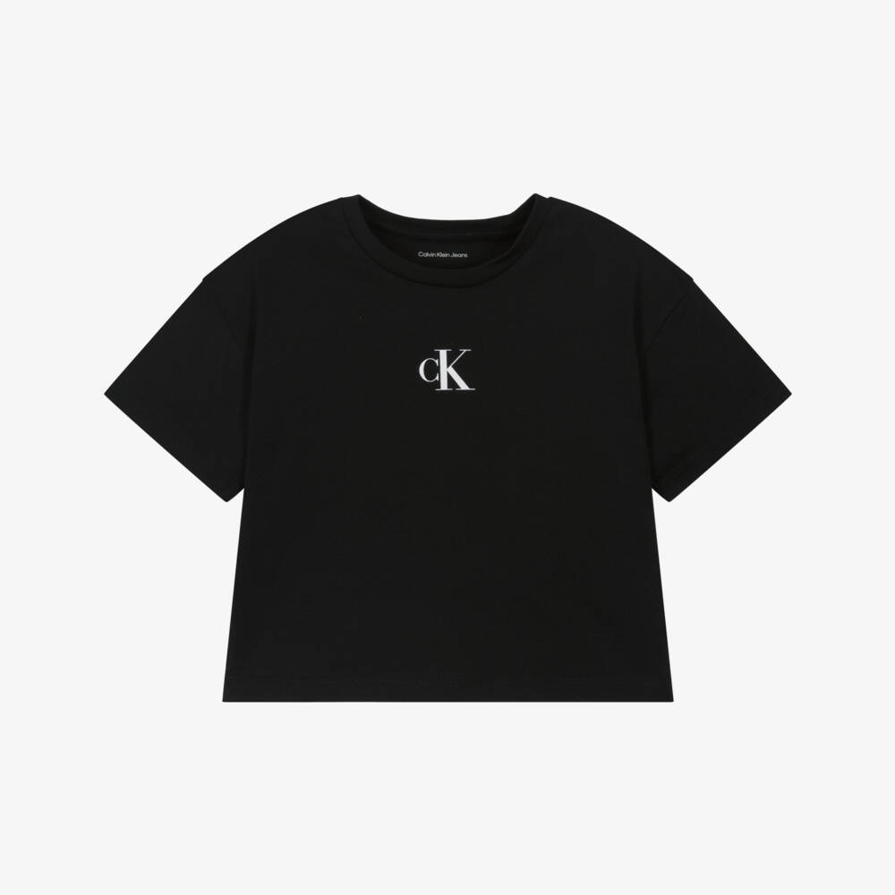 Calvin Klein-Girls Black Cotton Boxy T-Shirt with Monogram Logo | Childrensalon Outlet