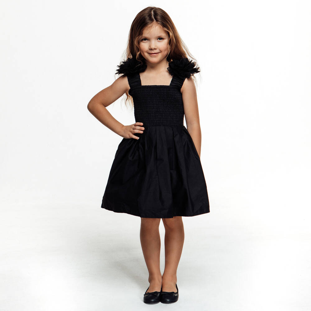 The Tiny Universe-Girls Black Cotton Flower Dress | Childrensalon Outlet