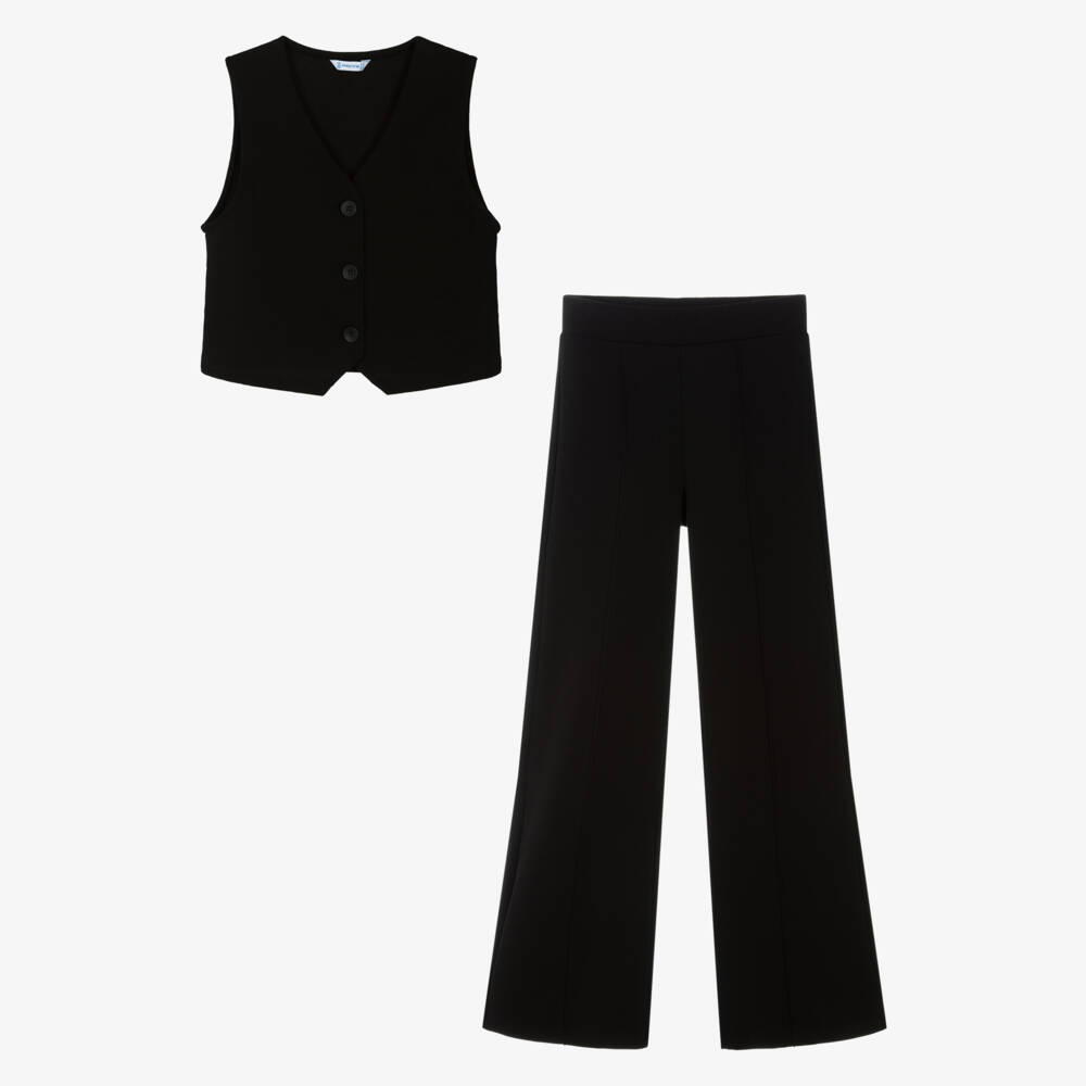 Mayoral-Girls Black Cotton Jersey Waistcoat & Trouser Set | Childrensalon Outlet
