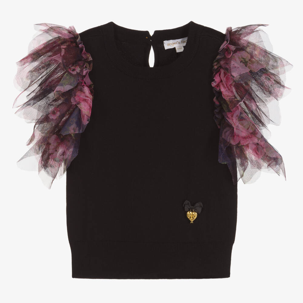 Angel's Face-Girls Black Cotton Knit & Tulle Sweater | Childrensalon Outlet