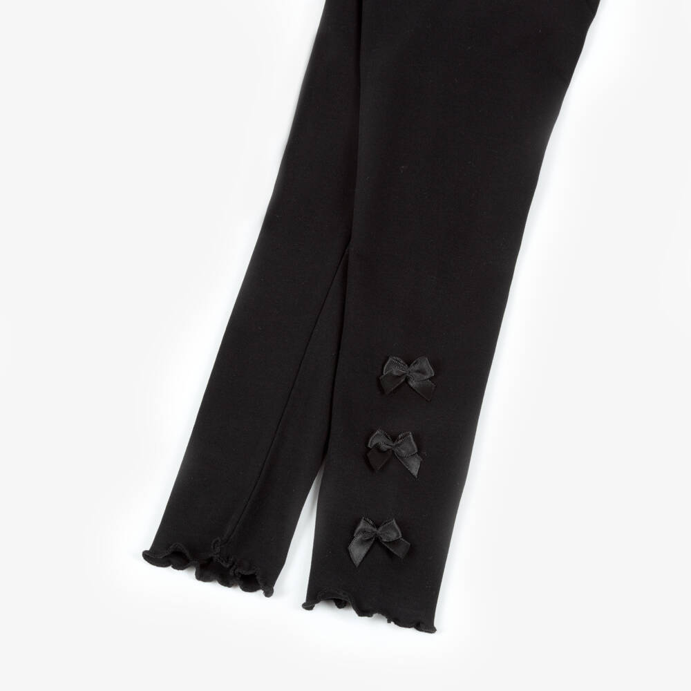 Lili Gaufrette-Girls Black Cotton Leggings with Satin Bows | Childrensalon Outlet