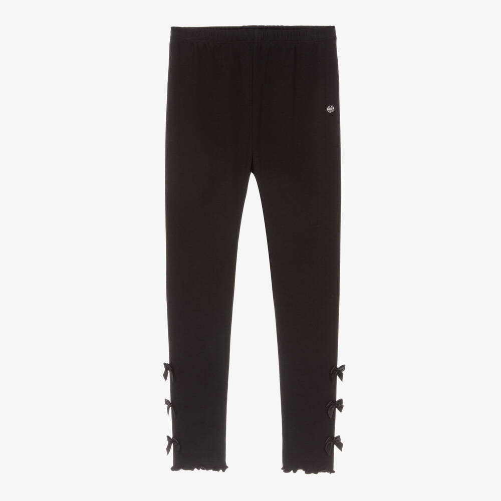 Lili Gaufrette-Girls Black Cotton Leggings with Satin Bows | Childrensalon Outlet