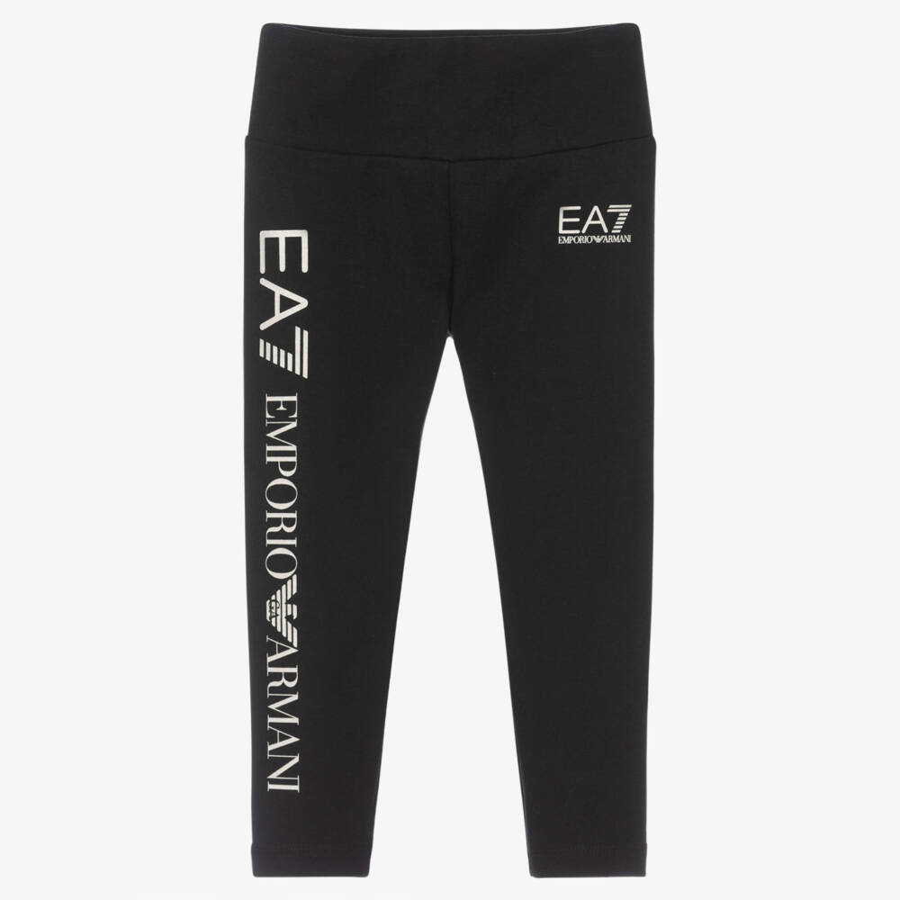 EA7 Emporio Armani-Girls Black Cotton Leggings with Silver Logo | Childrensalon Outlet