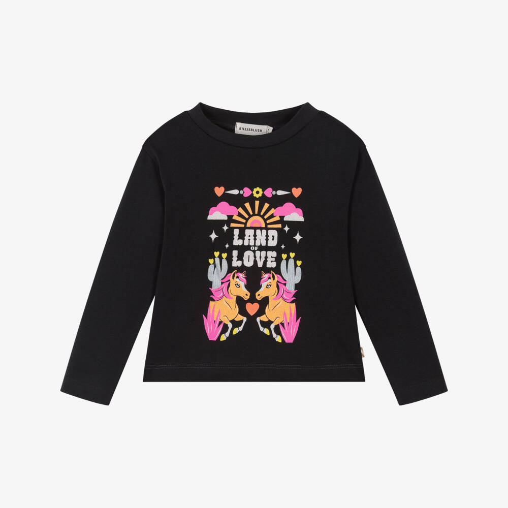 Billieblush-Girls Black Cotton Long Sleeve Top with Horse Print | Childrensalon Outlet