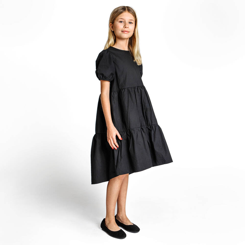 The Tiny Universe-Girls Black Cotton Poplin Short-Sleeved Dress | Childrensalon Outlet