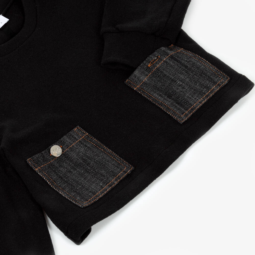 Elsy-Girls Black Cotton Sweater with Denim Pockets | Childrensalon Outlet