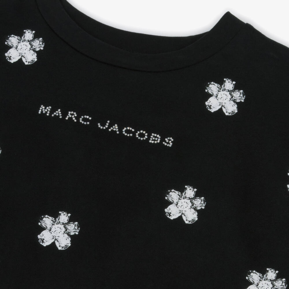 MARC JACOBS-Girls Black Cotton T-Shirt with Daisy Jewel Print | Childrensalon Outlet