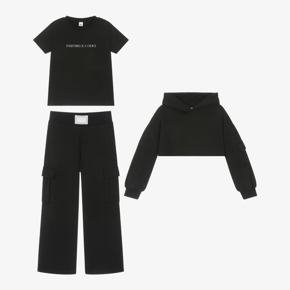 iDO Junior-Girls Black Cotton Tracksuit Set with Cargo Pockets | Childrensalon Outlet