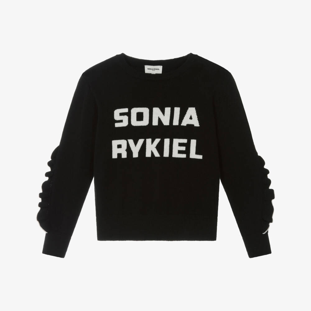 Sonia Rykiel Paris-Girls Black Cotton & Wool Ruffle Sleeve Sweater | Childrensalon Outlet