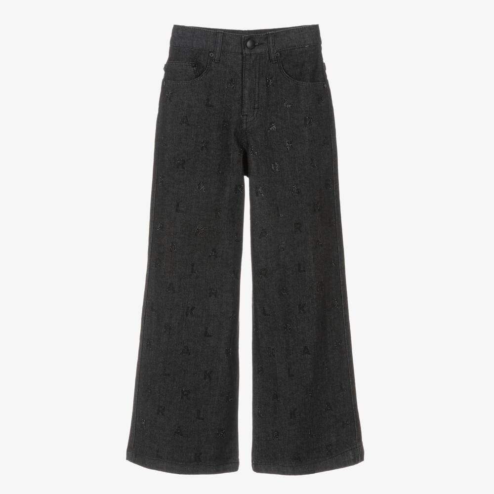 KARL LAGERFELD KIDS-Girls Black Denim DiamantÃ© Logo Letter Jeans | Childrensalon Outlet