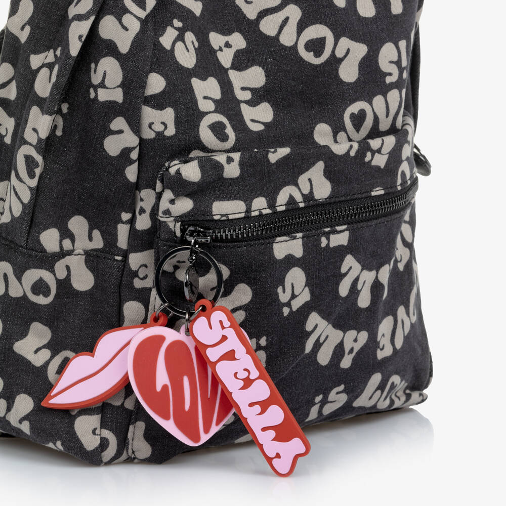Stella McCartney Kids-Girls Black Denim Love Backpack with Key Ring (32cm) | Childrensalon Outlet
