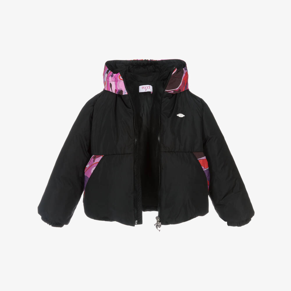 PUCCI-Girls Black Down Padded Jacket with Orchidee Print | Childrensalon Outlet