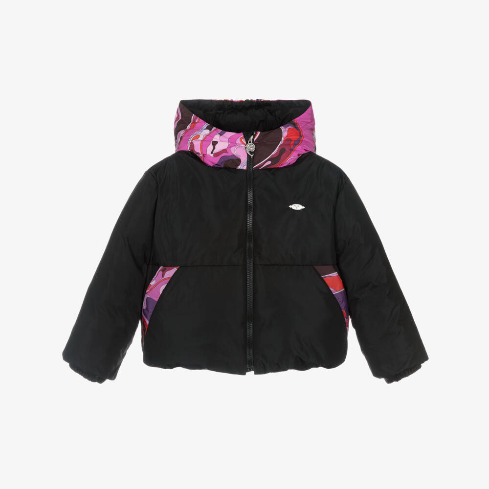 PUCCI-Girls Black Down Padded Jacket with Orchidee Print | Childrensalon Outlet