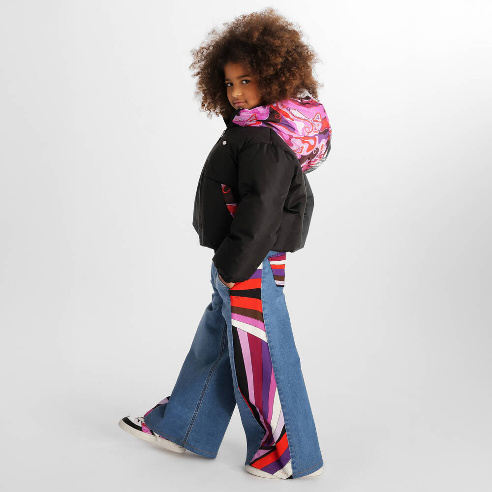 PUCCI-Girls Black Down Padded Jacket with Orchidee Print | Childrensalon Outlet