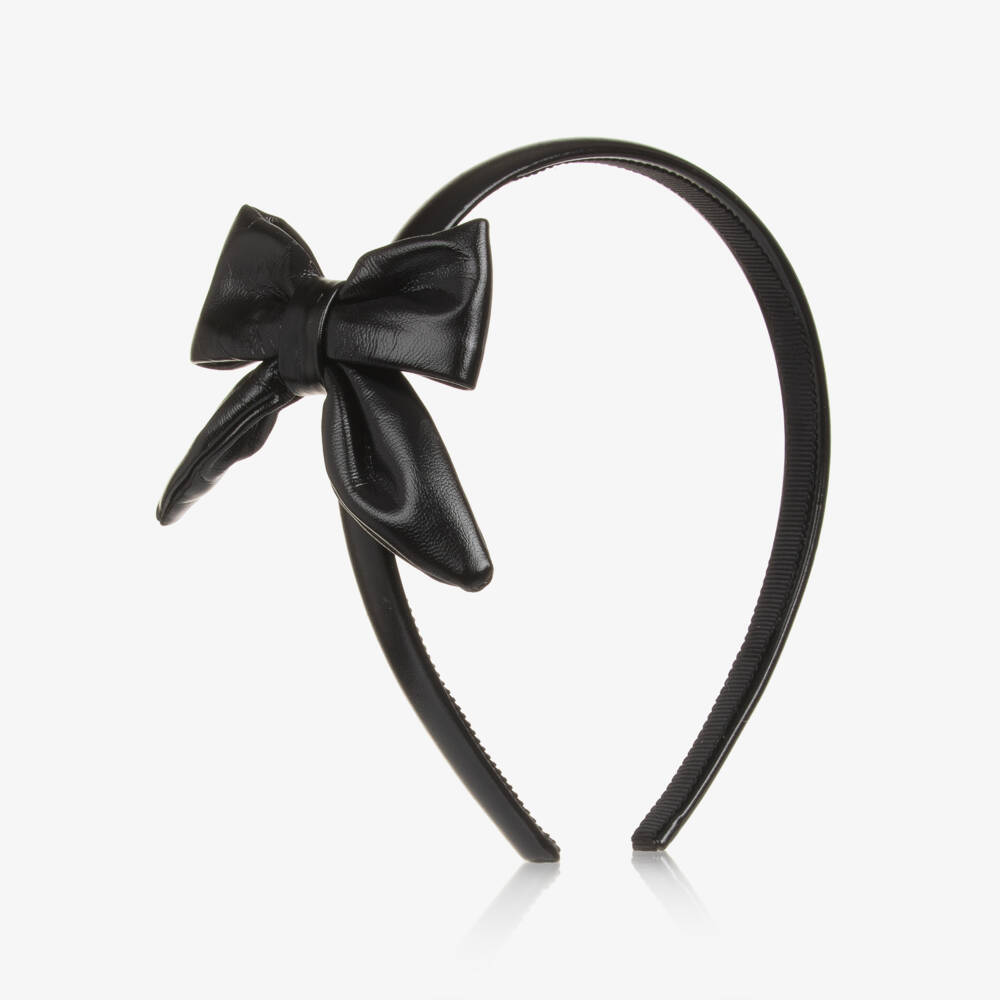Monnalisa-Girls Black Faux Leather Bow Hairband | Childrensalon Outlet