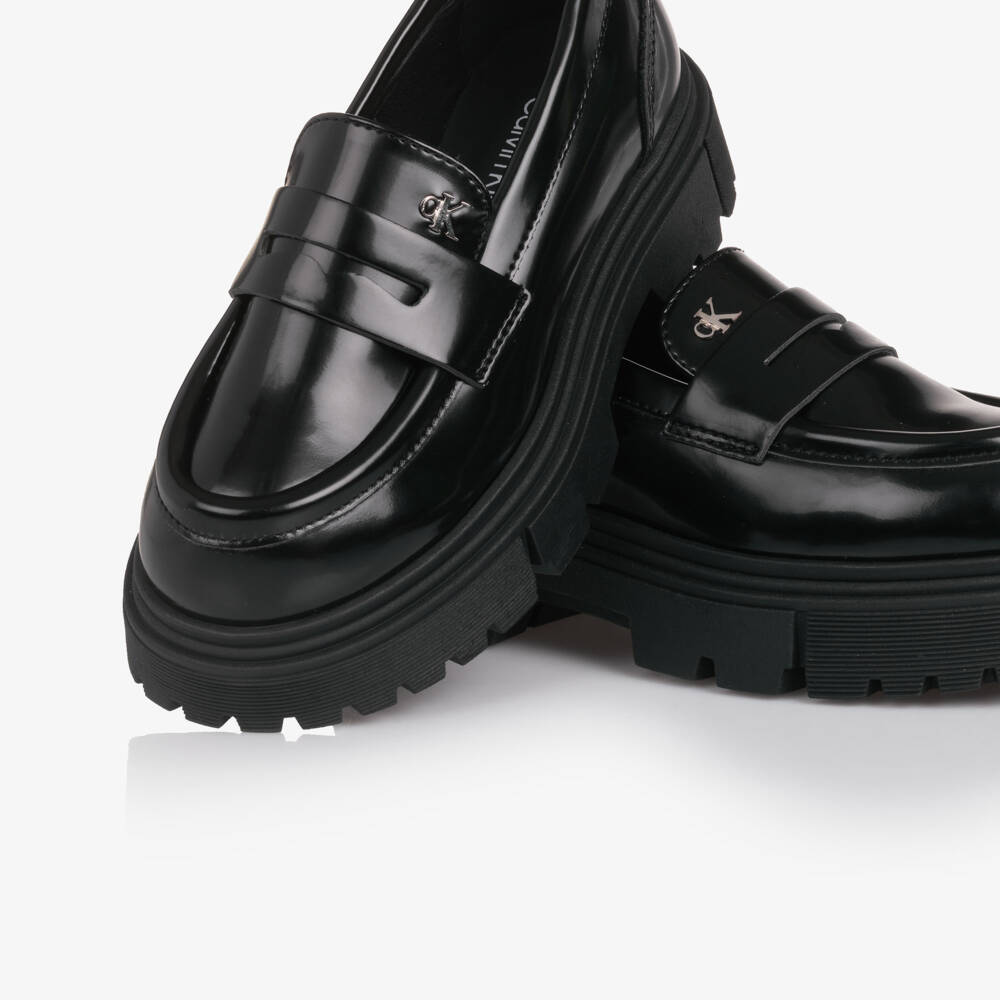Calvin Klein-Girls Black Faux Leather Loafers with Chunky Sole | Childrensalon Outlet