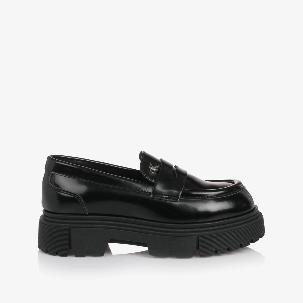 Calvin Klein-Girls Black Faux Leather Loafers with Chunky Sole | Childrensalon Outlet