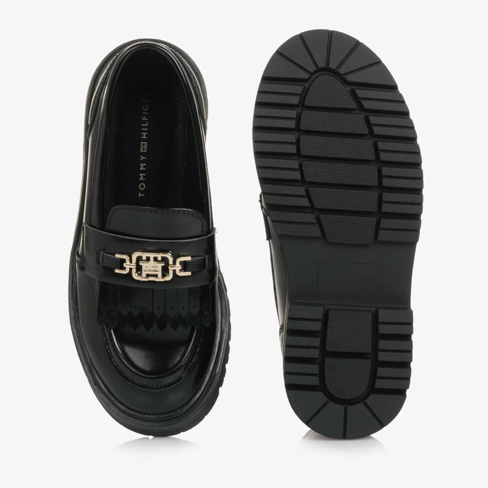 Tommy Hilfiger-Girls Black Faux Leather Loafers with Monogram Logo | Childrensalon Outlet