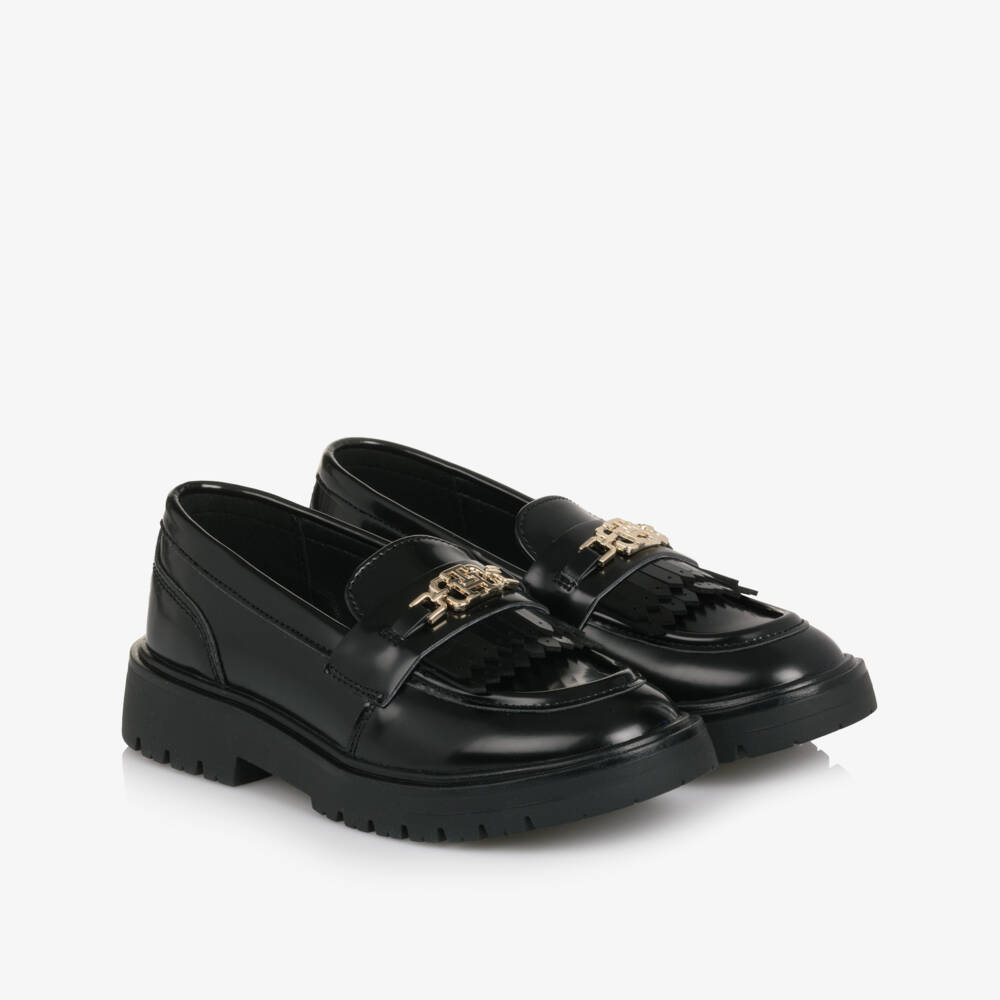 Tommy Hilfiger-Girls Black Faux Leather Loafers with Monogram Logo | Childrensalon Outlet