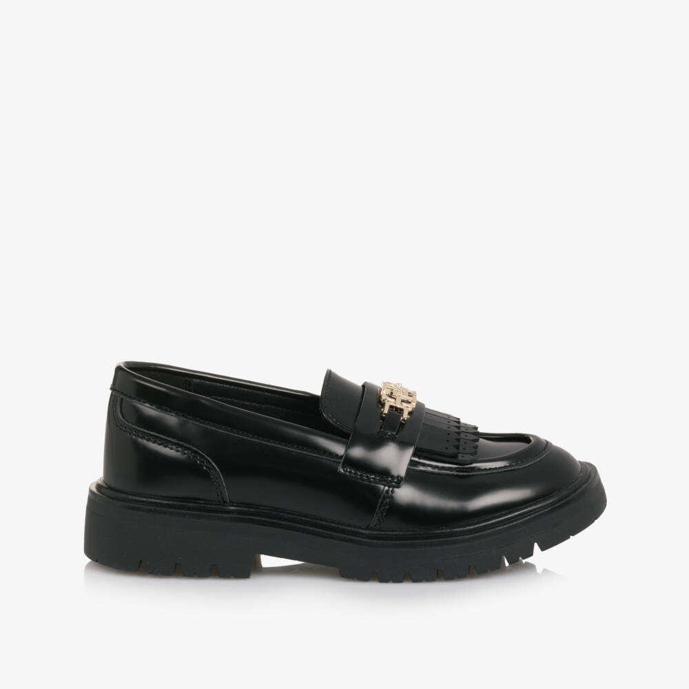 Tommy Hilfiger-Girls Black Faux Leather Loafers with Monogram Logo | Childrensalon Outlet