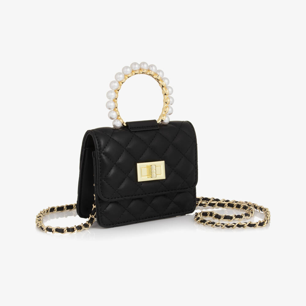 Monnalisa-Girls Black Faux Leather Quilted Handbag (14cm) | Childrensalon Outlet