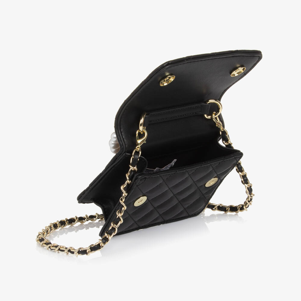 Monnalisa-Girls Black Faux Leather Quilted Handbag (14cm) | Childrensalon Outlet