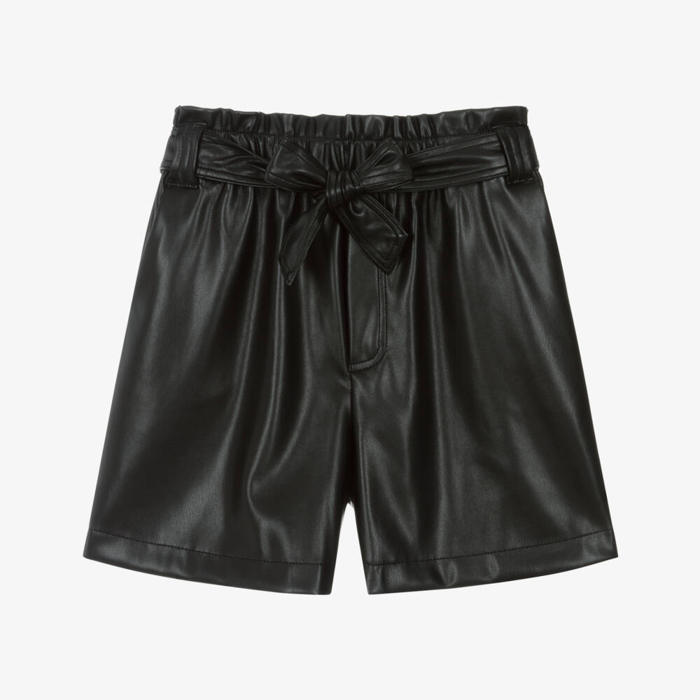 Mayoral-Girls Black Faux Leather Shorts with Tie Front | Childrensalon Outlet