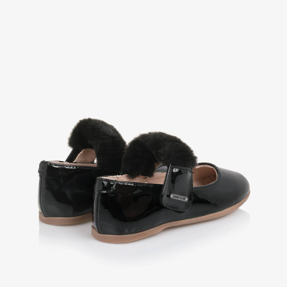 Mayoral-Girls Black Faux Patent Leather Bar Shoes with Faux Fur Trim | Childrensalon Outlet