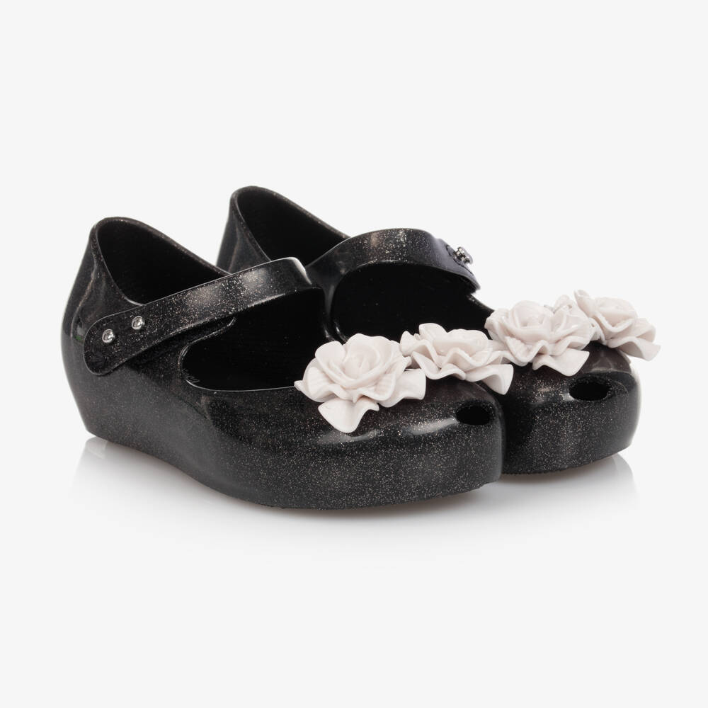 Mini Melissa-Girls Black Flower Jelly Shoes | Childrensalon Outlet