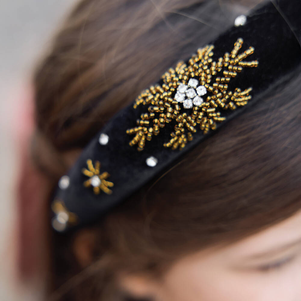 Tartine et Chocolat-Girls Black & Gold Beaded Velvet Hairband | Childrensalon Outlet