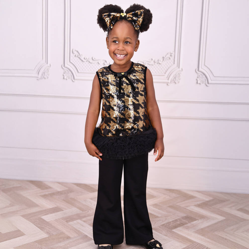 Angel's Face-Girls Black & Gold Sequinned Houndstooth Top & Trouser Set | Childrensalon Outlet