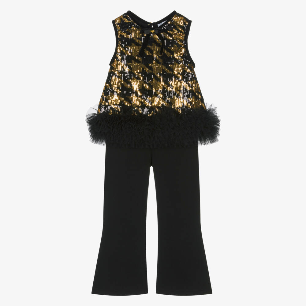 Angel's Face-Girls Black & Gold Sequinned Houndstooth Top & Trouser Set | Childrensalon Outlet