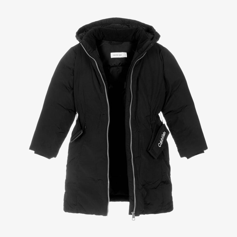 Calvin Klein-Girls Black Hooded Coat with Embroidered Logo Belt | Childrensalon Outlet