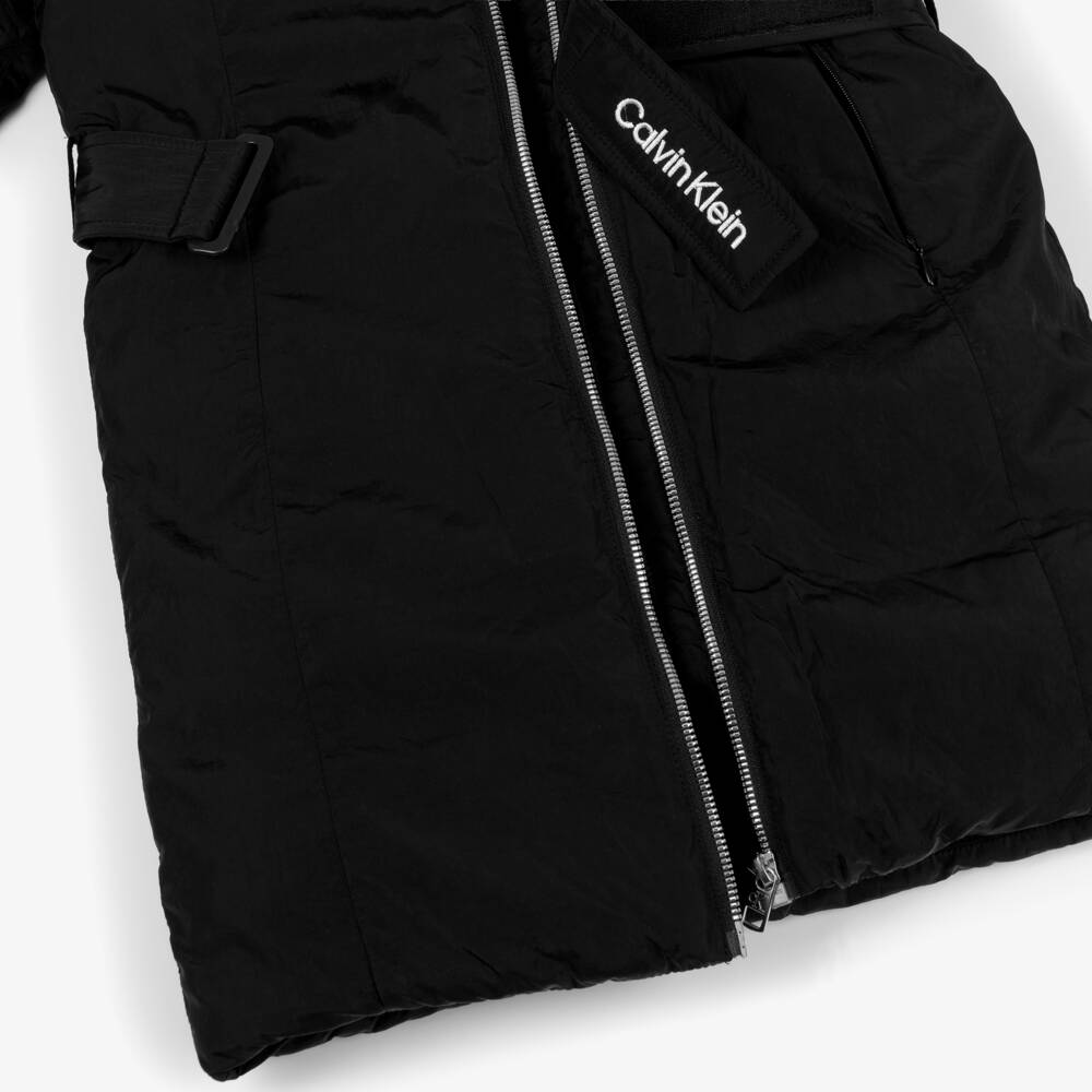 Calvin Klein-Girls Black Hooded Coat with Embroidered Logo Belt | Childrensalon Outlet