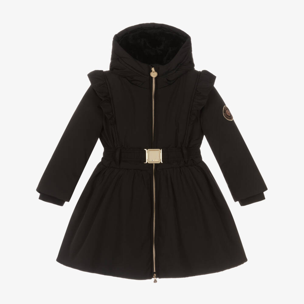 Le Chic-Girls Black Hooded Coat with Ruffles | Childrensalon Outlet