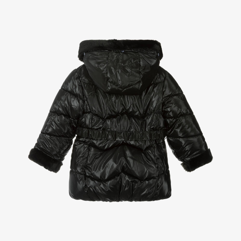 Mayoral-Girls Black Hooded Puffer Coat with Faux Fur Trims | Childrensalon Outlet