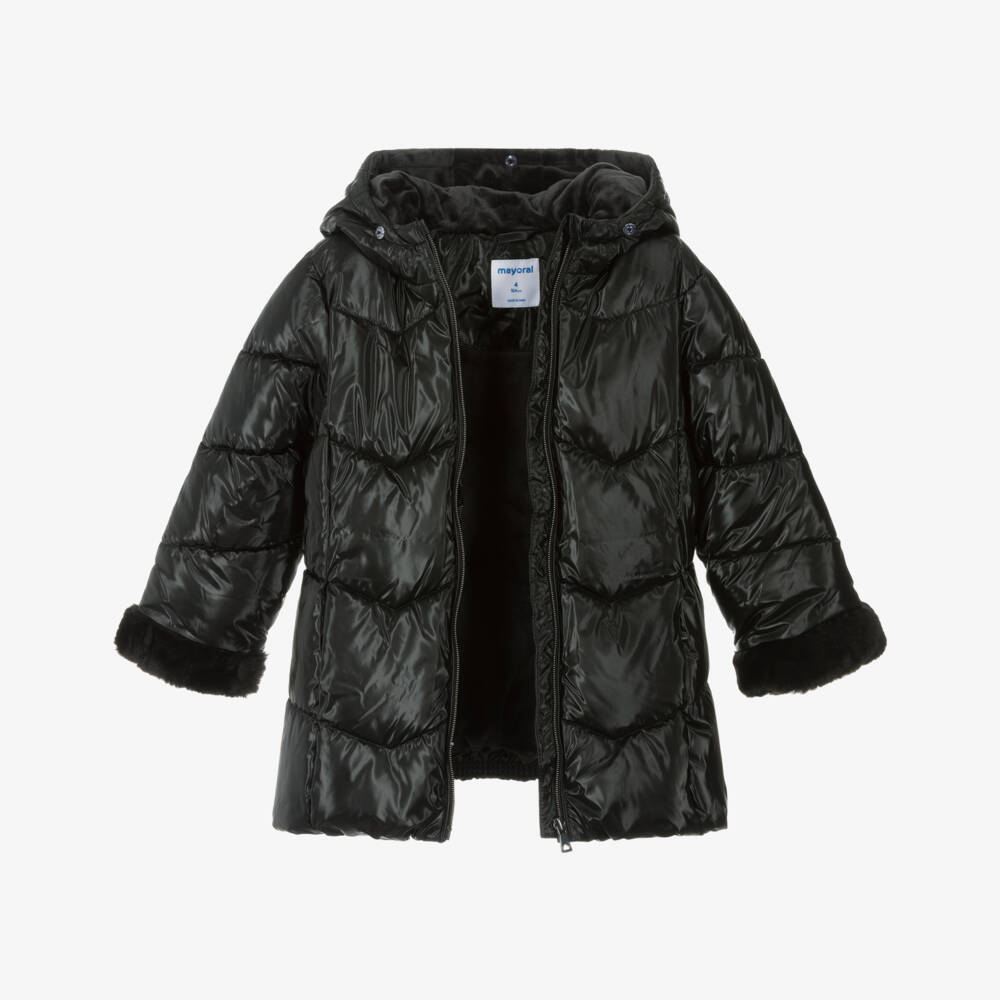 Mayoral-Girls Black Hooded Puffer Coat with Faux Fur Trims | Childrensalon Outlet