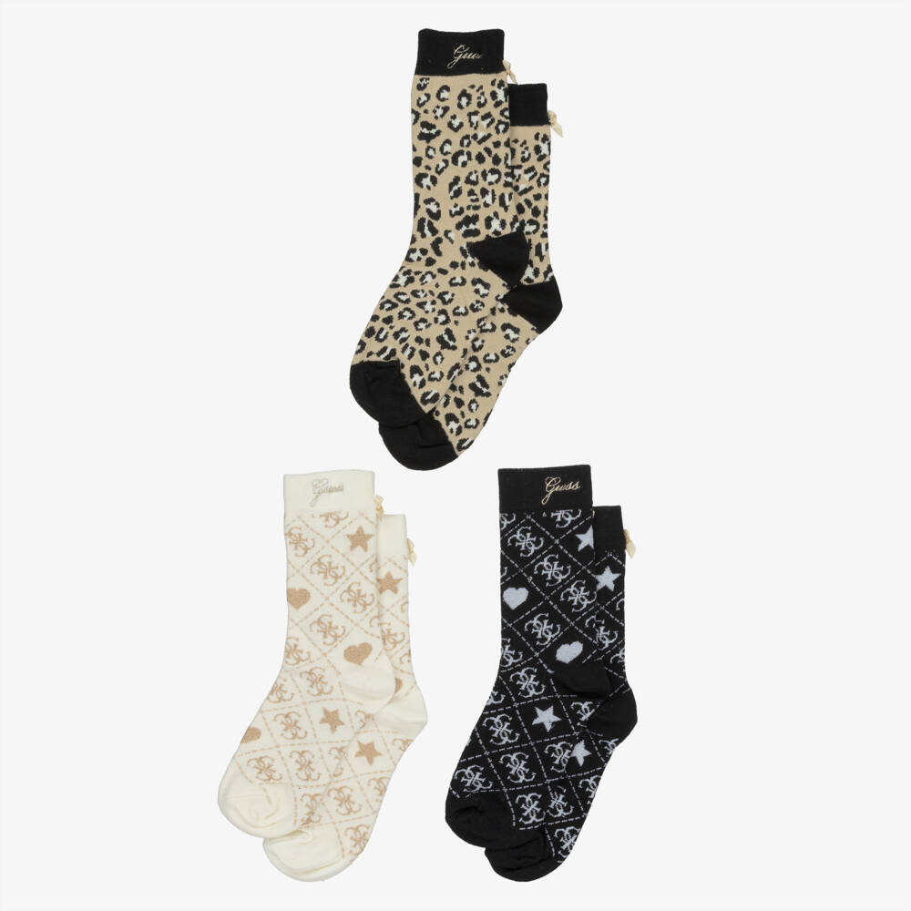 Guess-Girls Black, Ivory & Beige 4g Logo Socks (3 Pack) | Childrensalon Outlet