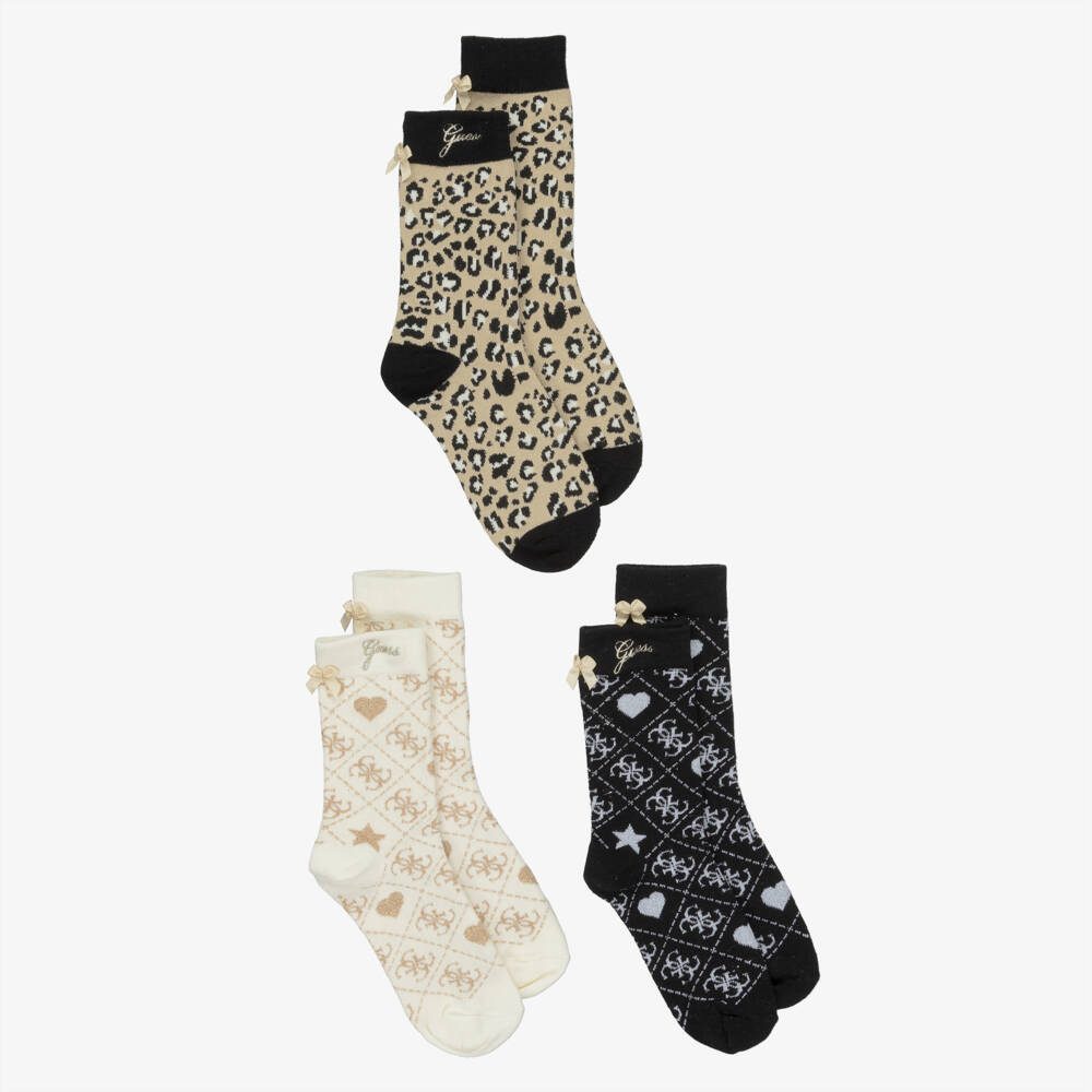 Guess-Girls Black, Ivory & Beige 4g Logo Socks (3 Pack) | Childrensalon Outlet