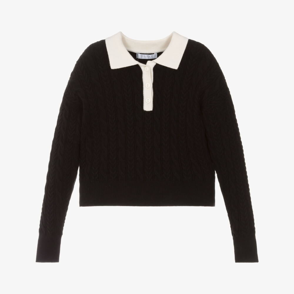 Elsy-Girls Black & Ivory Cable Knit Polo Jumper | Childrensalon Outlet
