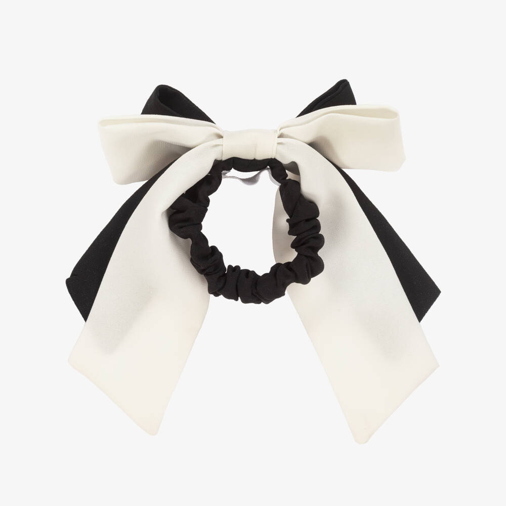Patachou-Girls Black & Ivory Crêpe Bow Hair Elastic (15cm) | Childrensalon Outlet