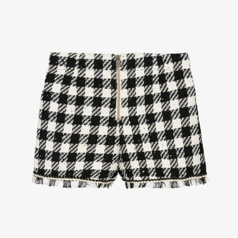 Abel & Lula-Girls Black & Ivory Houndstooth Tweed Shorts | Childrensalon Outlet