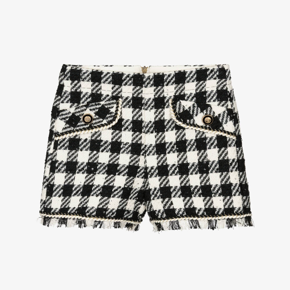 Abel & Lula-Girls Black & Ivory Houndstooth Tweed Shorts | Childrensalon Outlet
