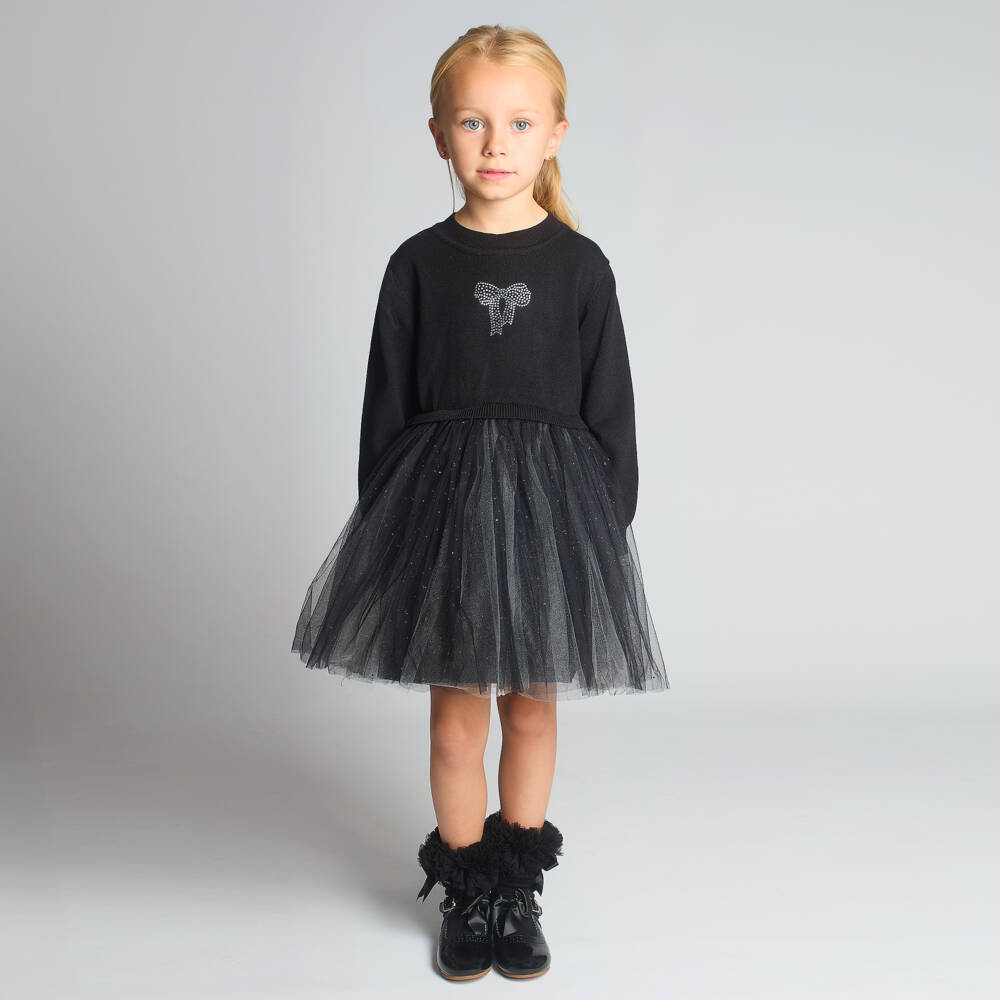 Beau KiD-Girls Black Knit & Tulle Dress with Diamanté Bow | Childrensalon Outlet