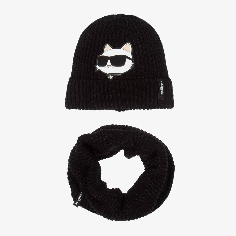 KARL LAGERFELD KIDS-Girls Black Knitted Choupette Hat & Snood Set | Childrensalon Outlet