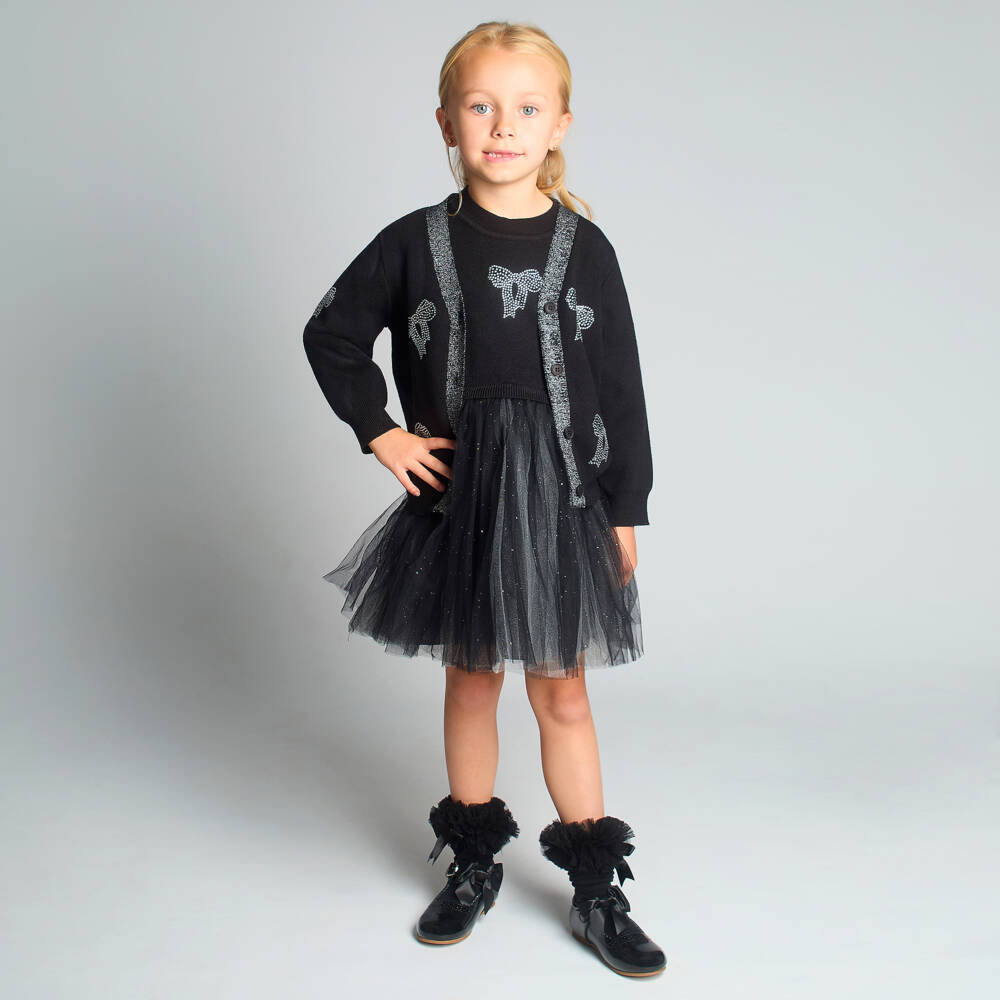 Beau KiD-Girls Black Knitted Diamanté Bow Cardigan | Childrensalon Outlet