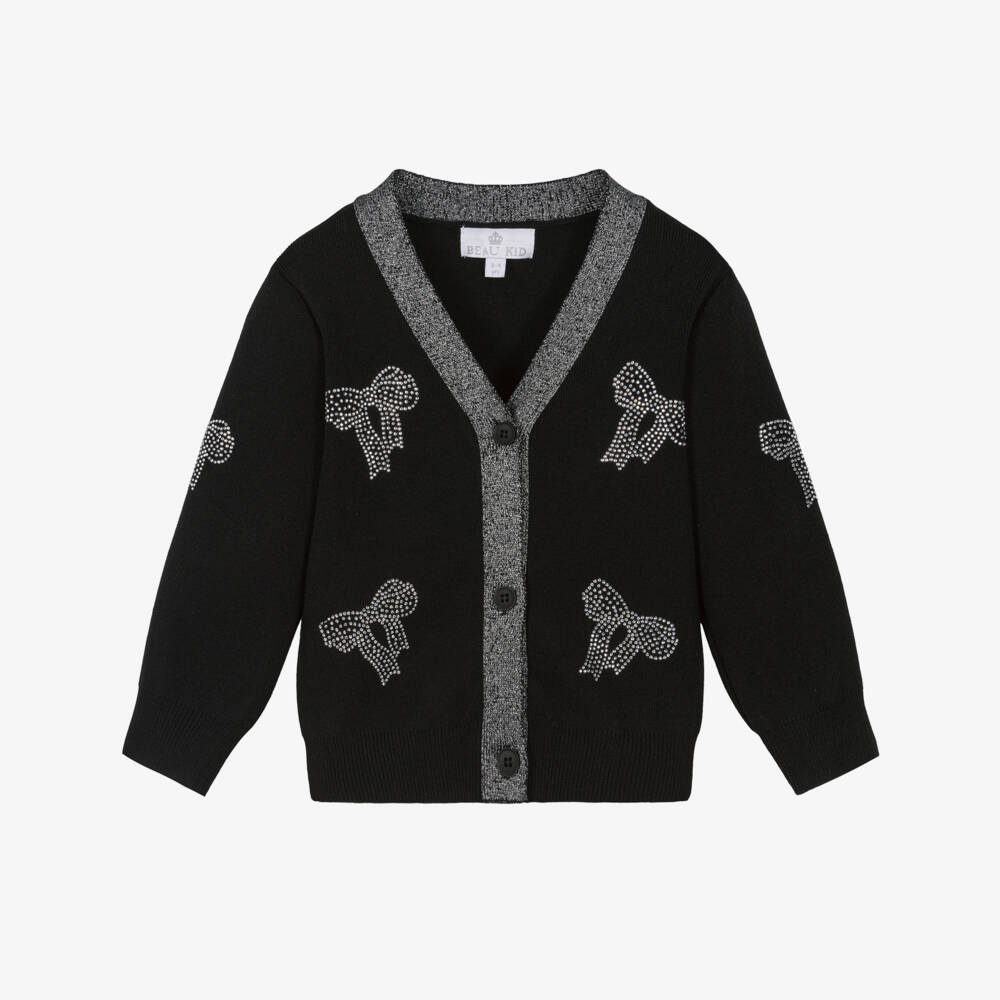 Beau KiD-Girls Black Knitted Diamanté Bow Cardigan | Childrensalon Outlet
